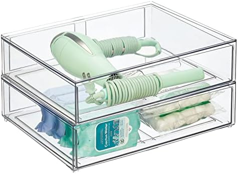 mDesign Wide Plastic Stackable Bathroom Storage Organizer Bin with Pull Out Drawer for Cabinet, Vanity, Shelf, Cupboard, Cabinet, Countertop, Closet Organization - Lumiere Collection - 2 Pack - Clear by mDesign