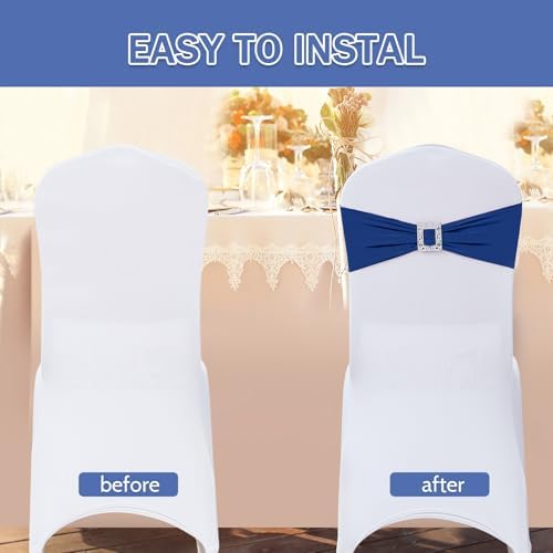 Joccun 120 PCS Spandex Chair Sashes Bows Stretch Chair Cover Band with Buckle Slider Universal Elastic Chair Ties for Wedding Banquet Party Event Decoration (Navy) - Image 4