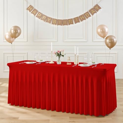 Suppromo 8ft Red Spandex Table Cloths for Rectangle Tables Wrinkle Free Red Tablecloth Rectangle Stretch Fitted 8 Foot Table Cover with Skirt for Birthday Party Baby Shower Wedding Banquet Buffet - Image 2