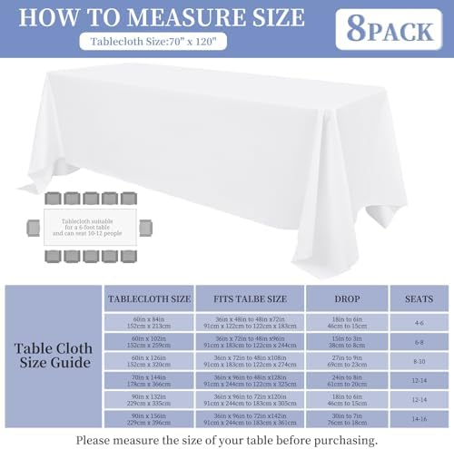 8 Pack White Tablecloth for Rectangle Table 70 x 120 Inch - Image 3
