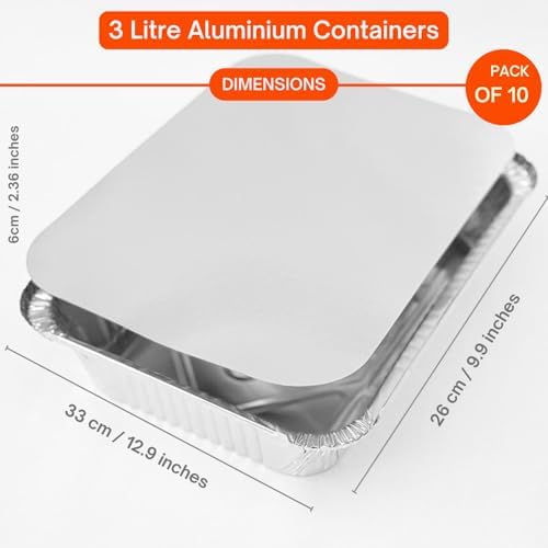 10 Pack Aluminium Foil Trays with Lids Containers Strong and Large Tin Foil Food Take Away Container Disposable Food Take Out Box with Lid|3 Litre | - Image 4