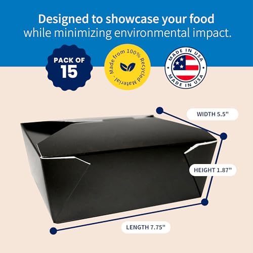 FC Meyer MeyerPak #2 Take Out Cartons, Leak & Grease Resistant Take Out Boxes, Earth-Friendly Disposable To Go Food Containers, 7 3⁄4” x 5 1⁄2” x 1 7⁄8“, Small, Black, Pack of 15 - Image 2