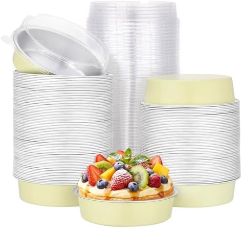 Beasea Disposable Tart Pans with Lids, 120 Pack 7.3oz Mini Pie Tins Creme Brulee Ramekins Aluminum Foil Pie Tart Cake Baking Pans Tins Cheesecake Containers for Birthday Party - Sage Green by Beasea