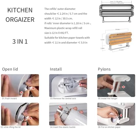 APSARAS USA Magnetic Plastic Wrap Dispenser with Cutter, 3 in 1 Aluminum Foil wrap Organizer, Practical Refillable Cling Wrap Film Cutter, Wall Mount Kitchen Wrap Dispenser, Include 2 * 12" Rolls - Image 2