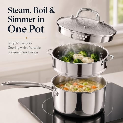 Tri-Ply Stainless Steel Pot with Steamer,3 QT Fullclad Sauce Pan with Steamer & Strainer Glass Lid for Cooking Vegetable,Small Induction Pot 3.5 QT with Stay-Cool Handle,100% Food-Grade,Built to Last - Image 4