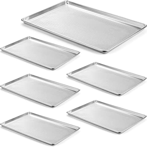 CURTA 6 Pack Aluminum Sheet Pan Perforated, NSF Listed Full Size 26 x 18 inch Commercial Bakery Cake Bun Pan, Baking Tray by CURTA