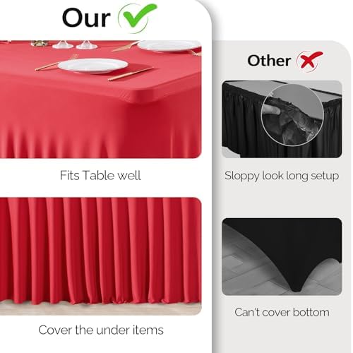 Wish Care 2 Pack Red Spandex Table Clothes for 4 Foot Rectangle Tables, 4FT Wrinkle Free Fitted Tablecloths Ruffles Design Stretch Table Cover for Party, Banquet, Wedding and Events - Image 3