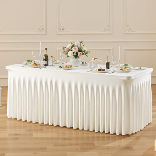 Besutolife Ivory Spandex Tablecloth for 8ft Rectangle Tables 1 Pack - Wrinkle-Resistant, Stretchable, Machine Washable - Perfect for Weddings Banquets Birthday Parties Events by Besutolife