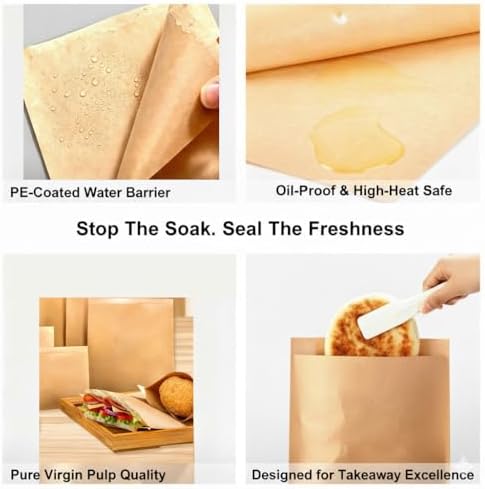 Sandwich Wrapping Poly-Lined Kraft Paper Takeout Bags Toaster Bags - Grease Safe Food Grade Deli Bags for Bakery,Tortillas,Snacks & Pastries - 6"x8", 7.8"x8.3", 5.9"x6.3" - Image 4