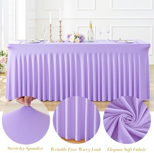 6 Pack Purple Table Cloth for 8 Foot Rectangle Tables Spandex Fitted Tablecloth 8ft Stretch Table Covers Skirt Purple Banquet Tablecloths Wrinkle Free Tablecloth for Party Wedding Birthday Event - Image 6