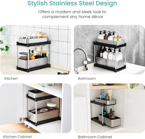 Home Zone Living 2-Tier Stainless Steel Cabinet Pull Out Organizer for Kitchen and Bathroom Storage - Image 4