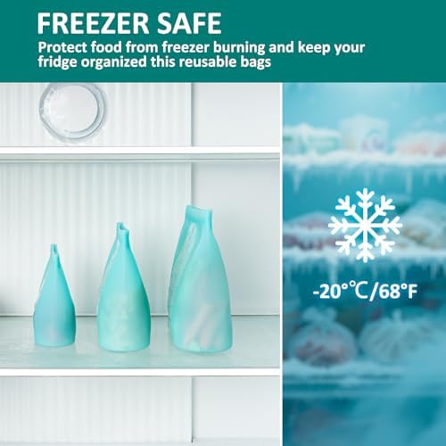 8-Pack Reusable Silicone Food Storage Bags, 100% Silicone Stand-Up Wide-Open Zip-Lock Reusable Storage Bags for Food, Freezer Microwave Oven Dishwasher Safe, Aqua, 4M 2S 2XS - Image 4