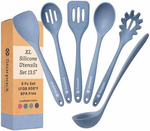 Starpack Like a Boss XL Silicone Cooking Utensils Set (6-Piece, 13.5") - LFGB Certified, 600°F Heat Resistant, BPA-Free - Heavy-Duty Steel Core, Dishwasher Safe - for Nonstick Cookware, Light Blue by StarpackHome