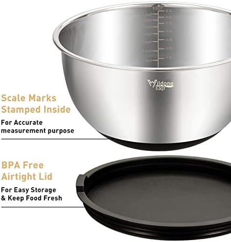 Wildone Stainless Steel Mixing Bowls Set with Airtight Lids, 3 Grater Attachment & Non-slip Bottoms and Multicolor 16 Piece Measuring Cups and Spoons Set - Image 2