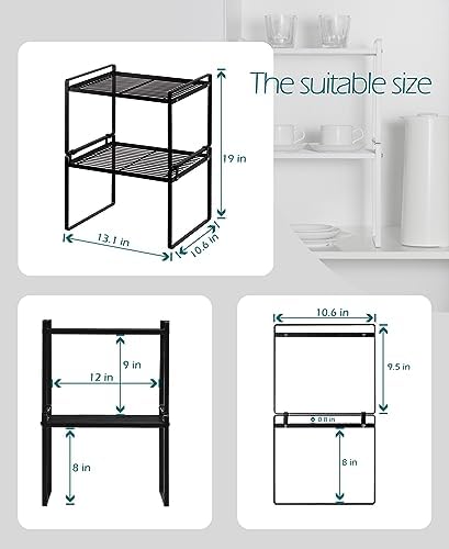 Shantton Cabinet Shelf Organizer, Pantry Shelf Rack, Black 13.1x10.6x9.5 | 2-Pack Stackable Metal Riser Holds 40LBS with Non-Slip Feet for Kitchen Pantry Bathroom Countertop Freezer Cupboard - Image 3