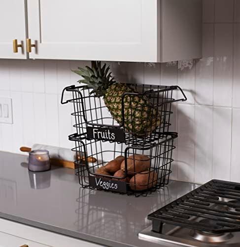 BirdRock Home Stacking Wire Market Baskets with Chalk Label | Set of 2 | Fruit Vegetable Produce Metal Storage Bin for Kitchen Counter | Black - Image 6