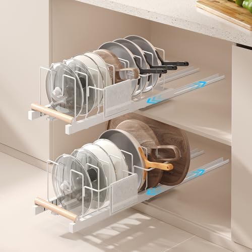Magheo 2 Pack Pull Out Pots and Pans Organizer Under Cabinet, 22" Deep Expandable Pot Lid Organizer and Storage with 10 Adjustable Dividers Adhesive Pot and Pan Holder Rack with Handle Bracket(White) by MAGHEO