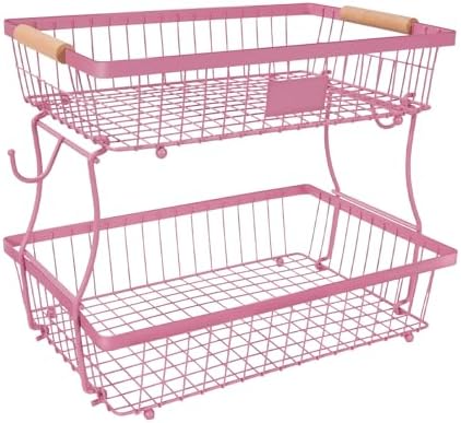 Fruit Basket Bowl 2 Tier Detachable with 2 Banana Hangers, Fruit Stand Holder for Kitchen Countertop, Metal Wire Vegetable Storage Organizer, for Bread Snack Veggies Produce, pink by Lawhood-Mijin