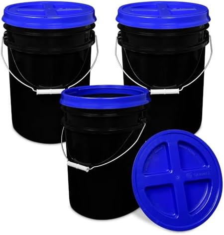 ePackageSupply 5 Gallon Bucket - Food Grade w/Lid BPA-Free, Black/Blue, 3 | Airtight Gamma Seal Screw-On Lid, Heavy-Duty 90 Mil HDPE Plastic, Food Safe and Durable Container, Bulk Storage, Made in USA by ePackageSupply