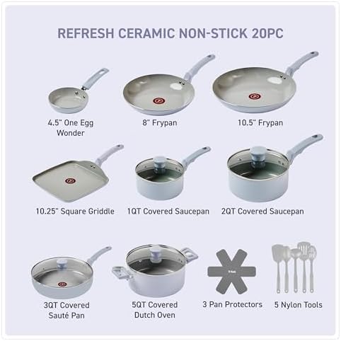 T-Fal Refresh Ceramic Nonstick Cookware 20-Piece Set, Pots and Pans, Blue - Image 2