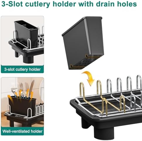 junyuan Compact Dish Drying Rack,Small Dish Rack for Kitchen Counter, Dish Drainer with 360° Rotatable Spout,Plate Rack, Dish Strainer with Cutlery Holder for Pots, Fork & Knives Space Saving - Image 3