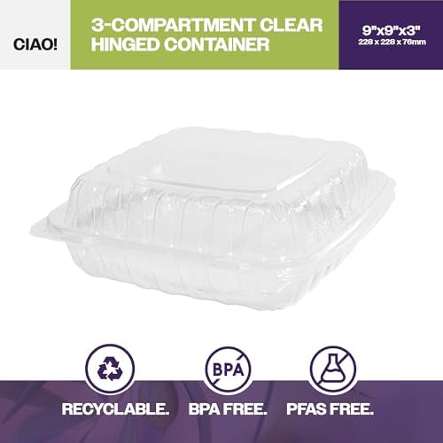 CIAO! 9"x9"x3" 3 Compartment PP Plastic Clear Hinged Container for Take Out (Case of 150) - Image 2