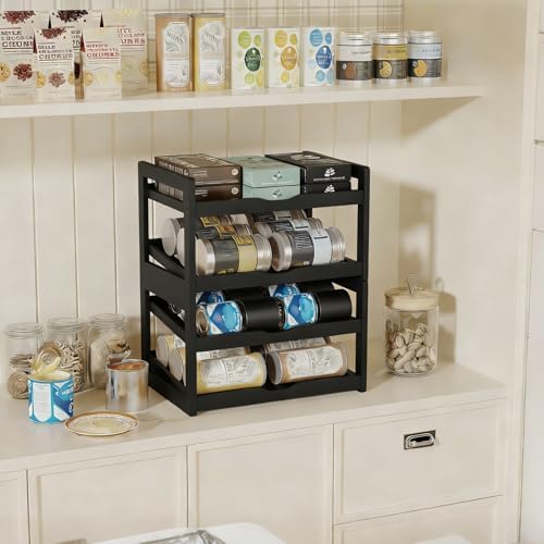 BAMBANG Can Organizer for Pantry, Detachable Bamboo 4 Tier Stackable Can Food Storage Rack, Rolling Soda Can Dispenser Can Holders for Cabinet, Holds Up to 48 Cans, Black - Image 6