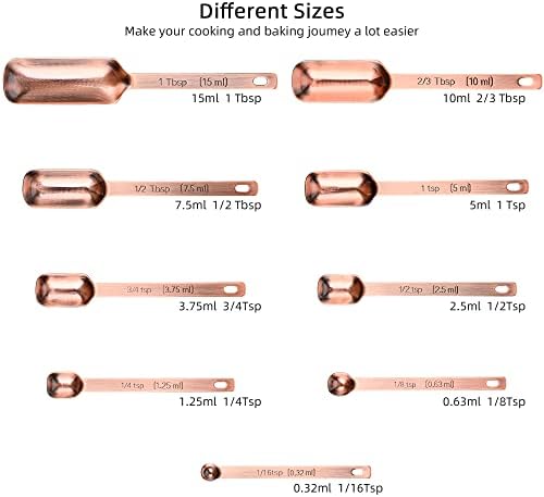 Copper Measuring Spoons Set 10, Stainless Steel Measuring Spoons for Kitchen & Baking, Long Handle Metric & US Metal Measure Spoon with 1/16tsp, 3/3tsp, 2/3tbsp for Spice Jar - Image 2