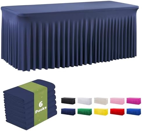 leegleri 6 Pack Navy Blue Spandex Tablecloths for 8 Foot Rectangle Tables, Wrinkle Free Fitted Table Cloths 8ft Stretchy Table Cloth Cover with Skirt for Parties Weddings Birthday Banquet Baby Shower by LeegleriTableSkirt