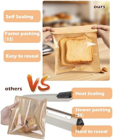 100 Self Sealing Sandwich Bags with Window, Paper Cookie Bags with Seal, Grease Resistant To Go Bakery Sleeves for Packaging Bagels, Donuts, Scone, Brownie, Small Pastries and other Treats - Image 5