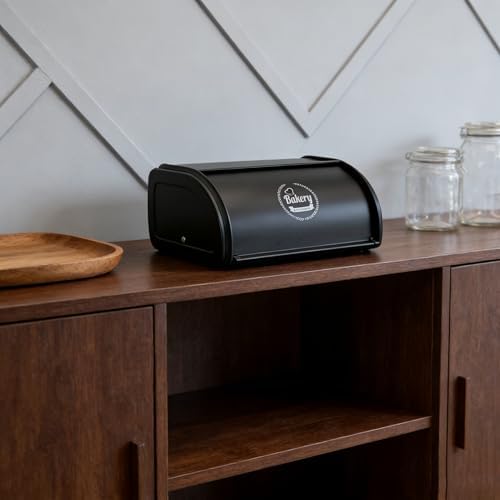 Vintage Roll-Top Bread Box, Black Stainless Steel Farmhouse - Image 3