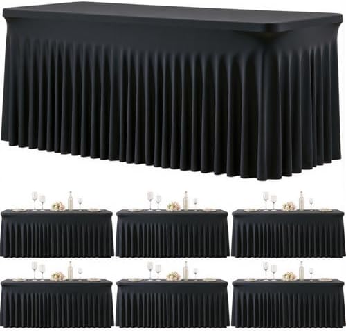 6 Pack Black Table Cloth for 6 Foot Rectangle Tables Spandex Fitted Tablecloth 6ft Stretch Table Covers Skirt Black Banquet Tablecloths Wrinkle Free Tablecloth for Party Wedding Birthday Event by Tao-GePartyDecorations