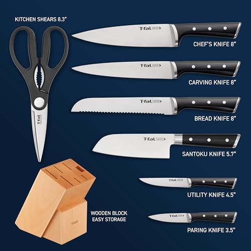 T-fal 20 piece set of Signature Nonstick Cookware with Ice Force German Stainless Steel Kitchen Knife Set and Wood Block - Image 3