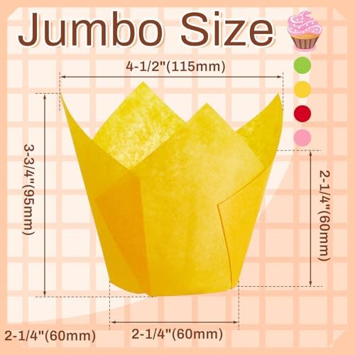 Motiskyy 300 Pcs Jumbo Muffin Liners for Baking 2-1/4" x 4" Large Tulip Cupcake Liners Greaseproof Cupcake Wrapper Paper for Weddings Birthday Christmas Anniversaries Party (Green,Red,Yellow,Pink) - Image 2