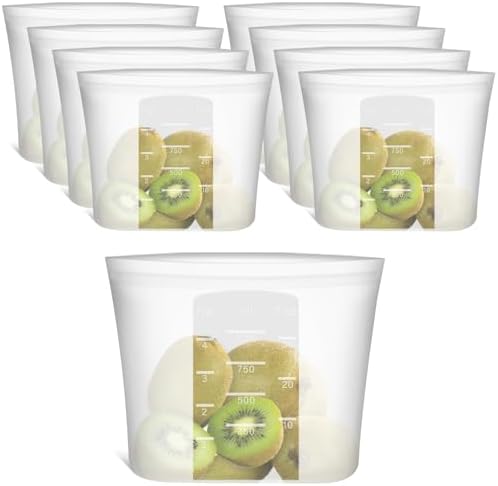 100% Silicone Reusable Storage Bag Quart Size, 9 Pack Stand-Up Wide-Mouth Zip-Lock Food Storage Bags, Easy-Fill Easy-Open Easy-Clean Space-Saving, Microwave & Dishwasher Safe, 34oz, Translucent by Annaklin