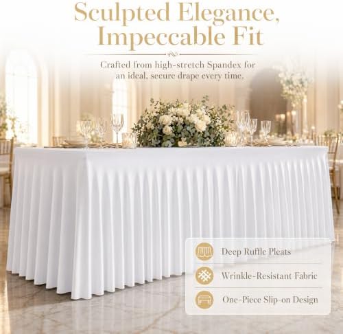 5 Pack White Stretch Spandex Tablecloths, 6ft Fitted Rectangle Table Cover with Skirt, Wrinkle Free Polyester Table Cloth for Wedding, Party, Banquet, Baby Shower, Christmas - Image 5