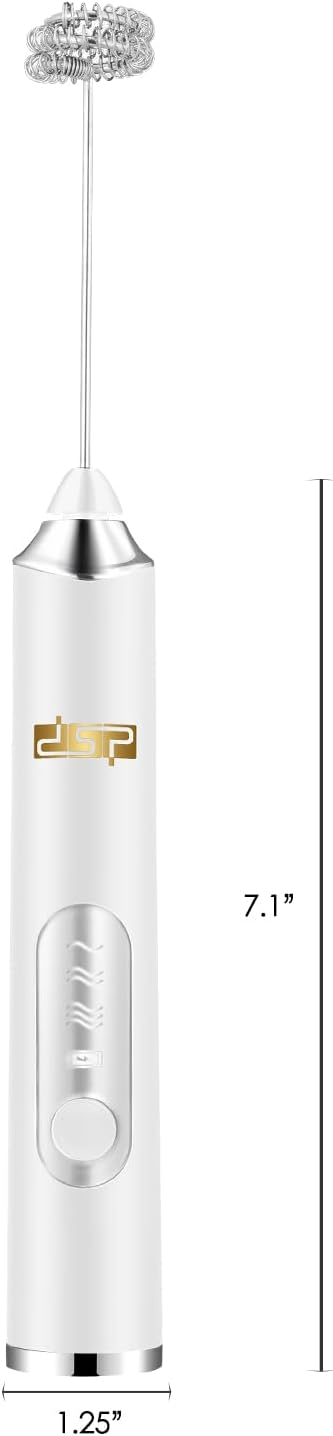 DSP Handheld Milk Frother Rechargeable, Electric Whisk for Coffee, 2 Stirring Rods 3 Speed Adjustable, Low Noise Drink Whisk for Lattes, Matcha, Hot Chocolate, Egg (Blizzard White)