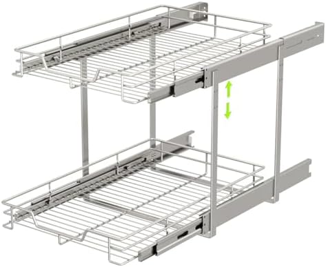 EZKAZA Pull Out Cabinet Organizer 9.5" W x 21" D, 2-Tier Kitchen Cabinet Pullout Shelf and Drawer Organizer Slide Out Pantry Storage Basket, 8.2" W x 21" D x 2.4" H for Bottom Basket Size - Image 7