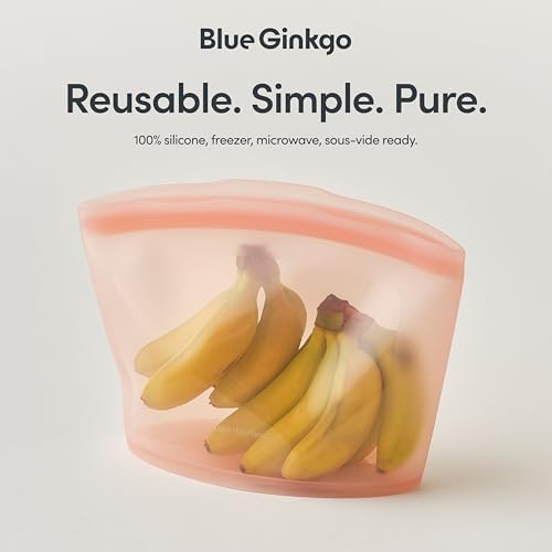 Blue Ginkgo Silicone Food Storage Bags, 4-Pack, Reusable, Made in Korea | Leakproof. Stand Up. Freezer and Dishwasher Safe. (Peach) - Image 6