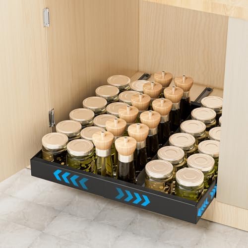Insputer Pull Out Cabinet Organizer Expandable Width(12.2"-20.47") & 21" Deep, No Drill Adhesive Slide Out Drawers with Upgrade 3 Slide Rails, Magnetic Panel, Roll Out Shelf for Kitchen, Pantry Black by Insputer