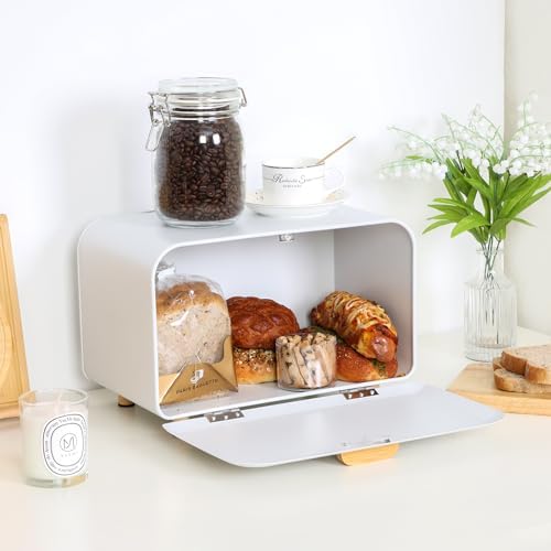 White Bread Box for Kitchen Countertop - Large Capacity Bread Storage Container vintage bread box - Stylish Metal Bread Bin - Image 2