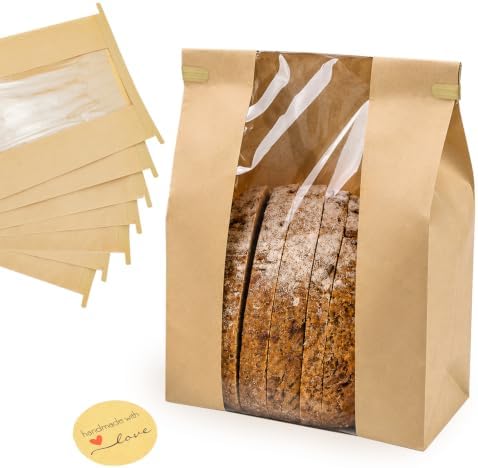 50 Pack Large Paper Sourdough Bread Bags with Tin Tie Tabs & 100 Stickers | 14" X 8.3" X 3.5" Kraft Bags with Clear Window Bread Bags for Homemade Bread, Bakery Display, Cookies, Popcorn and Gifts by NOONEAST
