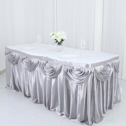 Efavormart Silver Satin Double Drape Table Skirt for Kitchen Dining Catering Wedding Birthday Party Decorations Events 14ft - Image 5