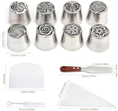 26-Piece Extra Large Russian Piping Nozzles Set Stainless Steel Rose Tulip Piping Tips, 8 Nozzles 2 Brushes 10 Piping Bags 1 Spatula 5 Scraper Cake Decorating Baking Tools (XXL, 22Piece) - Image 3