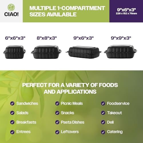 CIAO! 9"x6"x3" MFPP Black Hinged Container With Lid 1 Compartment (Case of 200) - Image 5