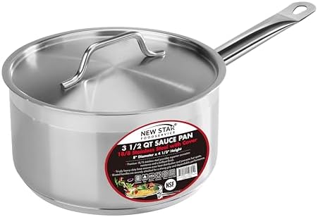 New Star Foodservice 3.5 Qt Stainless Steel Sauce Pan with Cover, 18/8 Stainless Steel, 4.3-Inch Depth by NewStarFoodservice