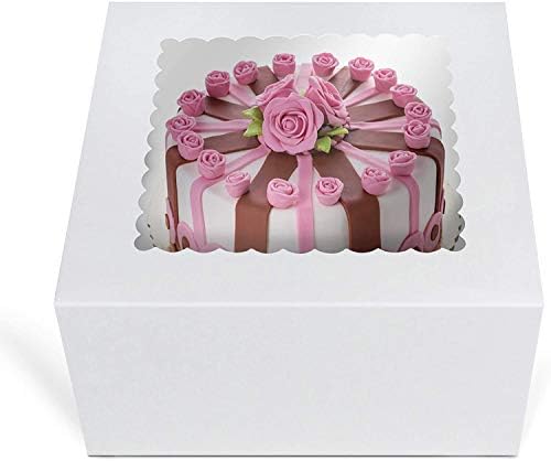 O'CREME White Square Cake Box 8 x 8 x 5 Inch, with Scalloped Window, Kraft Paperboard Bakery Box with Auto-Popup Window - Pack of 5 by OCreme