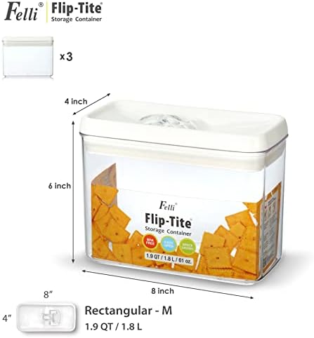 Felli Flip Tite Storage Container with Lid 4” RECTANGULAR Airtight Ring Flip Top, Stackable Kitchen Counter Pantry Organizer Acrylic Canister Jar for Pasta Spaghetti Cereal Granola Coffee (1.9qt) - Image 3