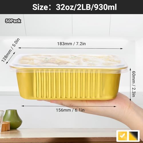 EUSOAR Foil Pans with Lids, 50pack 32oz Disposable Aluminum Foil Mini Loaf Cake Pan Holder with Lids, Heavy Duty Foil Meal Prep Freezer Drip Pan for Microwave Oven Safe Cooking,Baking,Roasting,Heating - Image 2
