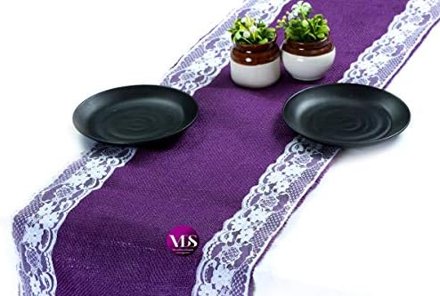 VDS Pack of 12, Burlap Table Runner with White Lace Edge, 100% Natural Jute Rustic Hessian Table Cloth Centerpiece for Wedding Birthday Party Banquet Table Decoration (Size 12X108 Inch)(Purple) by VDS